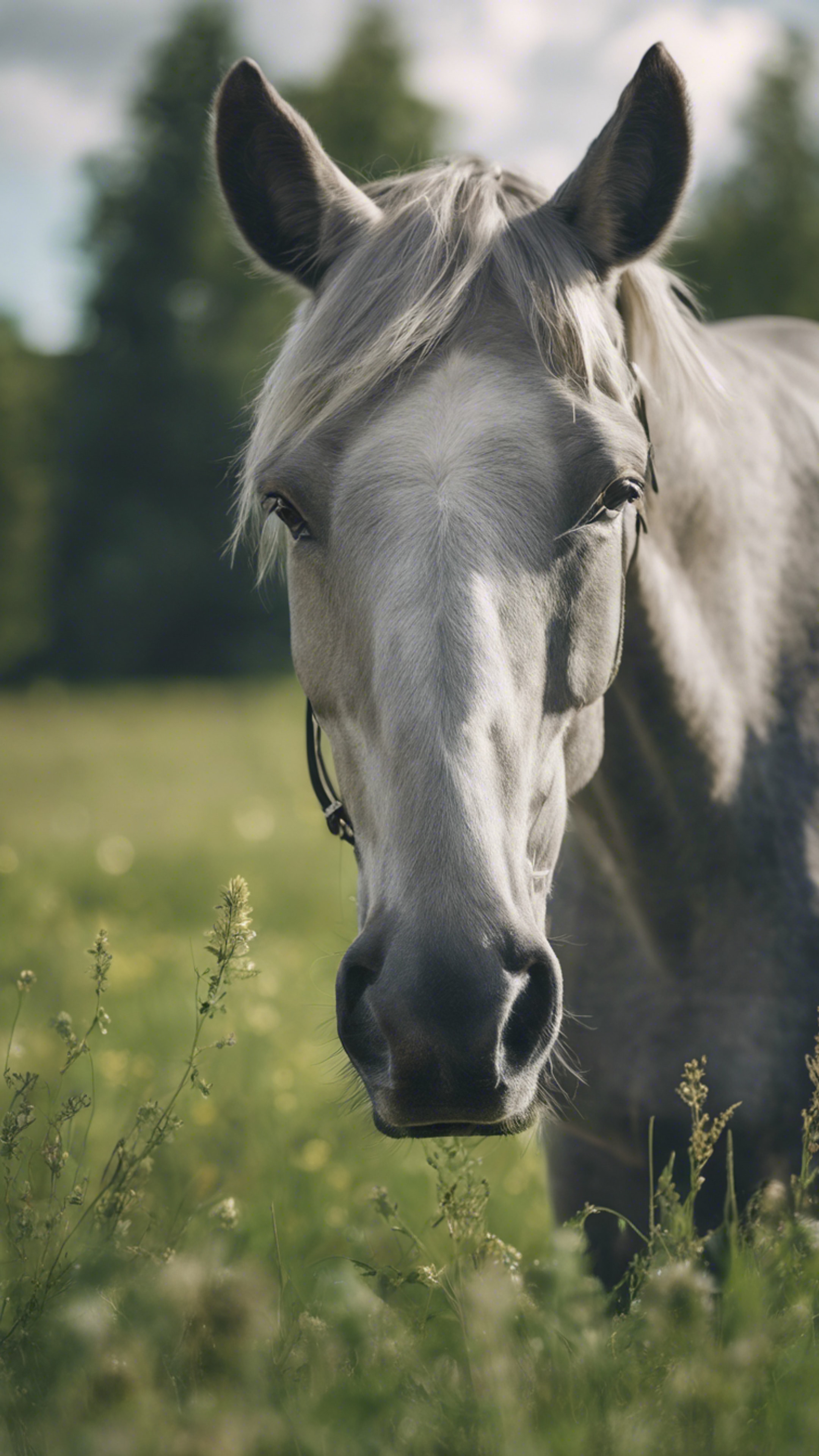 A calm grey quarter horse grazing freely in a green meadow under a cloudy sky.壁紙[ae89d2cd692c4a6c9aea]