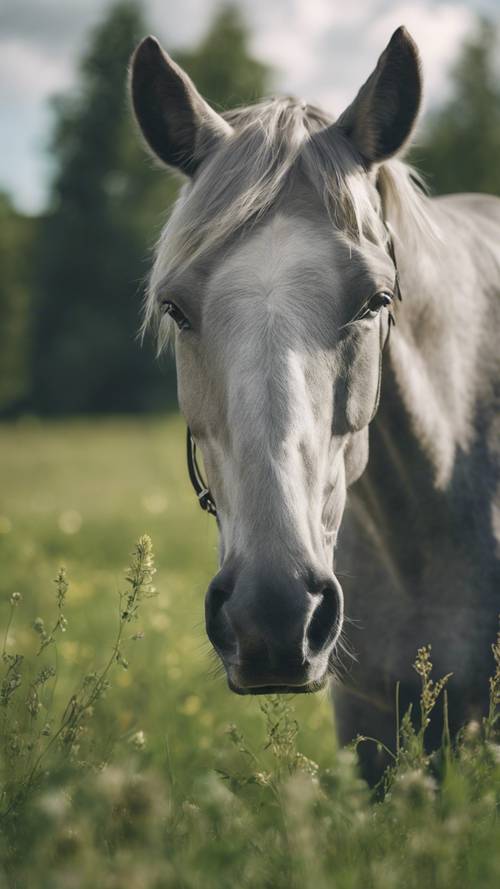 Un quarter horse gris calme paissant librement dans un pré vert sous un ciel nuageux.