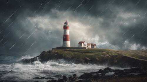 这是一幅充满氛围的画作，描绘的是一座孤独的灯塔经受着猛烈的风暴。