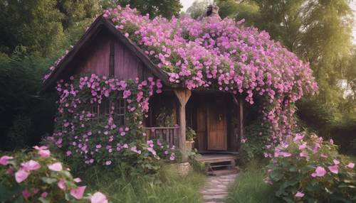 An idyllic image of a wooden cottage with pink and purple morning glories climbing up the front doorway.