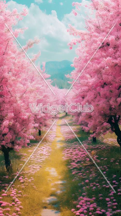 Caminho de flor de cerejeira rosa pela floresta