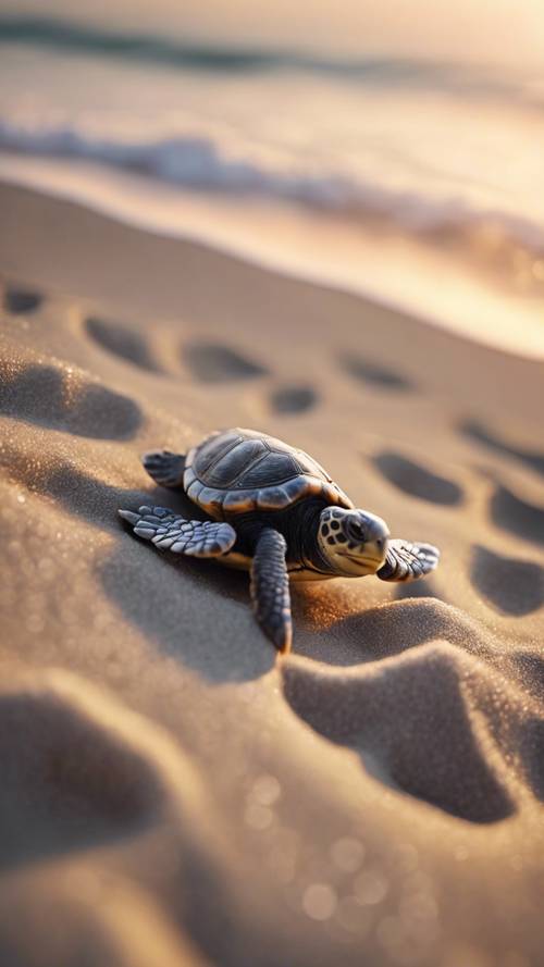 Um filhote recém-nascido de tartaruga marinha fazendo sua primeira viagem em direção ao oceano sob uma lua brilhante.