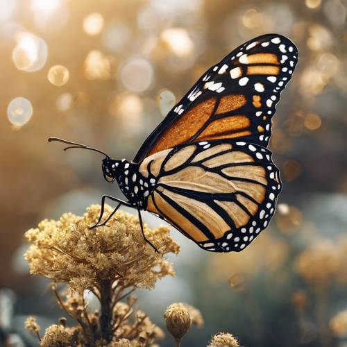 Ein Monarchfalter mit schwarz-goldenen Glitzerflügeln