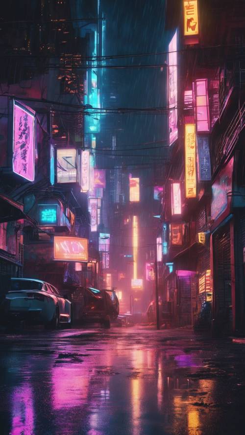 젖은 아스팔트에 네온 빛을 반사하는 밤의 미래형 사이버펑크 도시.