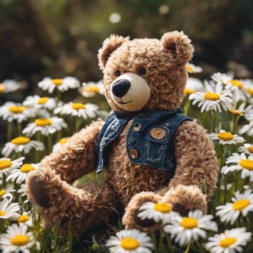 Boneka beruang coklat tua yang sangat digemari dengan tambalan kain dijahit, duduk di antara seikat bunga aster segar.