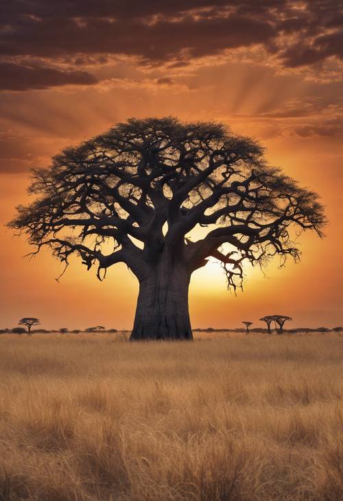 A sunset silhouette of an African baobab tree, standing solitary amidst the vast savannah, teeming with wildlife. Tapet [1e21a4e7f2164ed19b27]