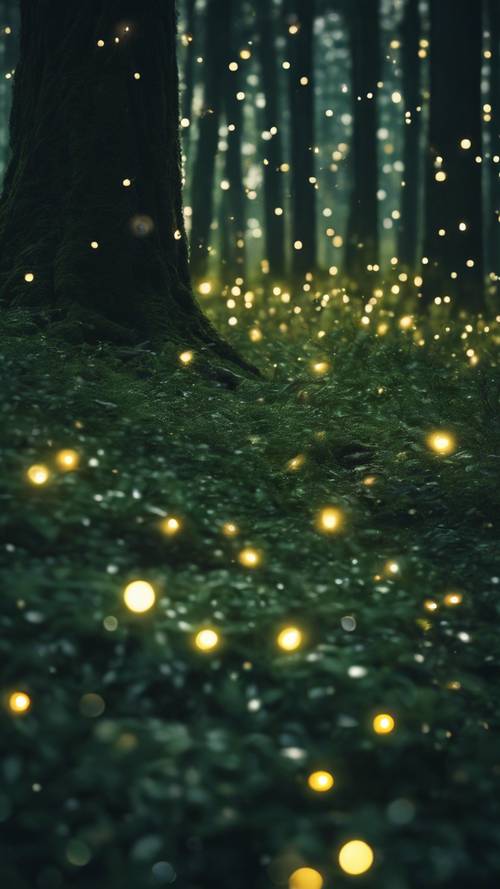 Une forêt vert foncé au crépuscule, parsemée de lucioles chatoyantes.