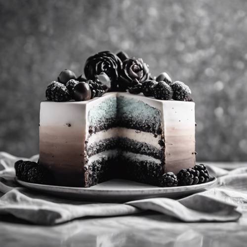 Delicioso pastel con un glaseado sombreado en blanco y negro, oscuro en la base y claro en la parte superior.
