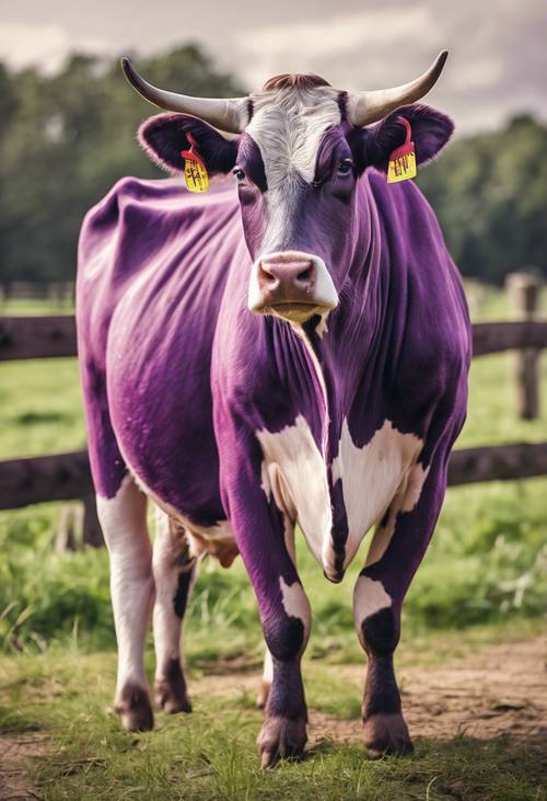 Ein altes Bauernhofplakat, das eine prächtige lila Jersey-Kuh zeigt.