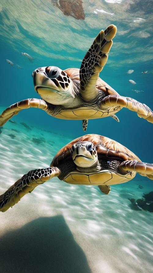 Sea turtles migrating in open waters.