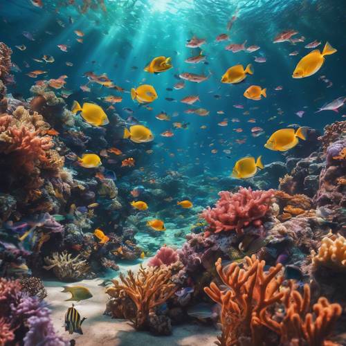 An underwater adventure translated into a cool paint- a vibrant coral reef teeming with multi-colored iridescent fishes and marine life.”