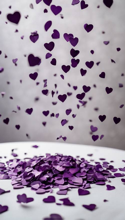 Confetti berbentuk hati berwarna ungu tua tersebar di atas meja putih di sebuah pesta pernikahan.