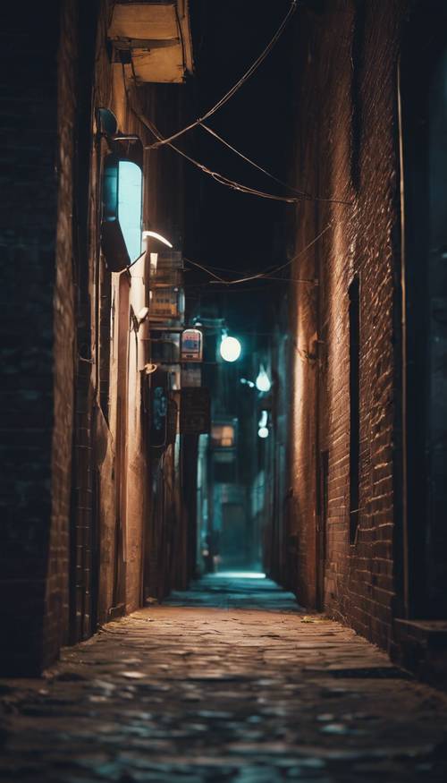 Sebuah gang gelap yang kosong di kota bergaya retro dengan lampu neon samar berkedip-kedip di kejauhan.