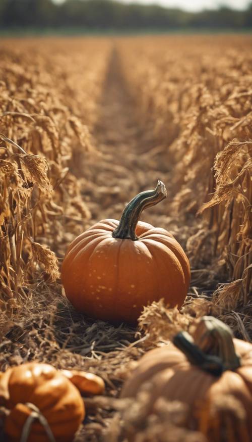 A round, plump pumpkin in a harvest field. Tapeta [e1c5d06f6d0f4a6da175]