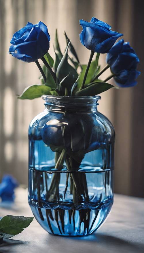 Buket mawar biru dan tulip hitam dalam vas kaca.