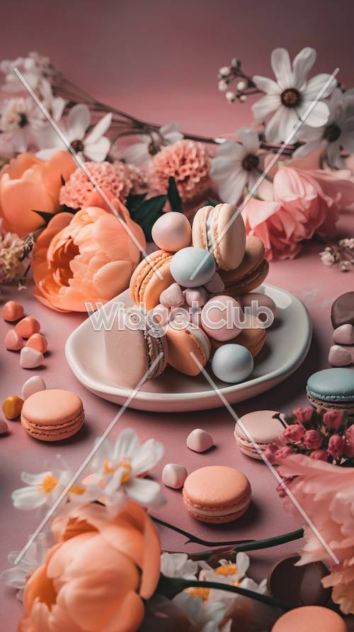Kolorowe desery i kwiaty na różowym tle