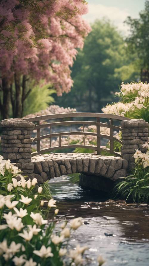 Sebuah jembatan batu melintasi sungai yang dikelilingi bunga lili yang bermekaran.