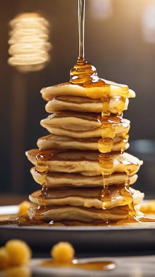 Setumpuk pancake empuk berwarna kuning muda dengan madu yang menetes di sisinya.