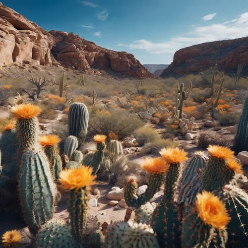 Un canyon roccioso occidentale sotto un cielo blu intenso, pieno di cactus e fiori sparsi del deserto.