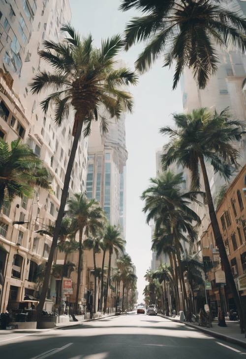 仲夏時節，熙熙攘攘的城市街道兩旁排列著白色的棕櫚樹