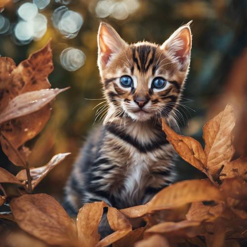 Seekor anak kucing Toyger yang lucu mengintai di tengah dedaunan, bersembunyi di semak-semak pada suatu sore musim gugur yang dingin.