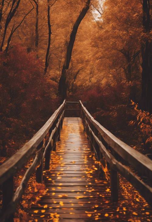 Artistic representation of a lonely bridge drenched in amber and burgundy hues of the fall.