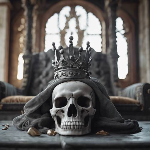 Một hộp sọ màu xám vui tươi đội vương miện, ngồi trên ngai vàng trong một lâu đài kỳ ảo.