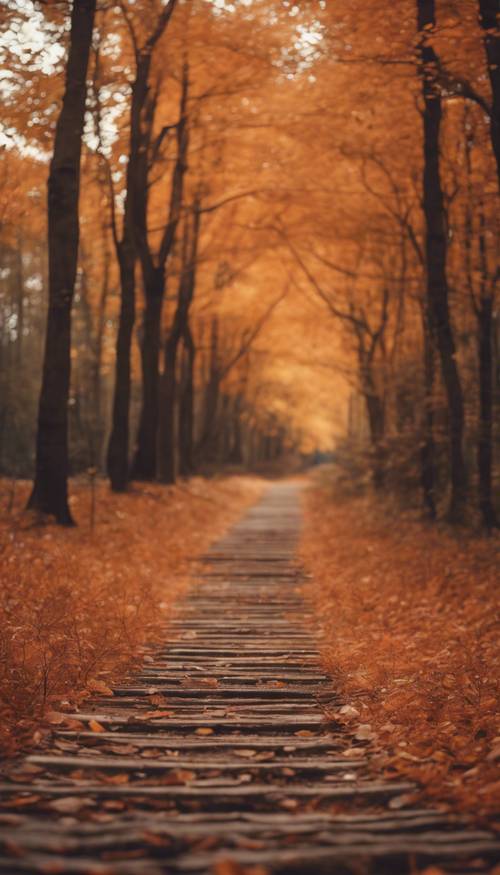 Orange autumn leaves falling gently onto a brown forest path. Tapeta [b979c12926ed4082b664]