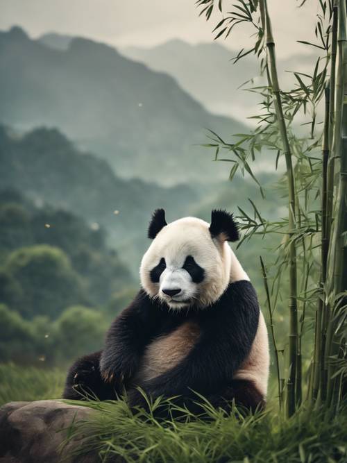 Un bellissimo panda seduto in posizione eretta mentre mangia bambù con uno sfondo di montagne nebbiose.