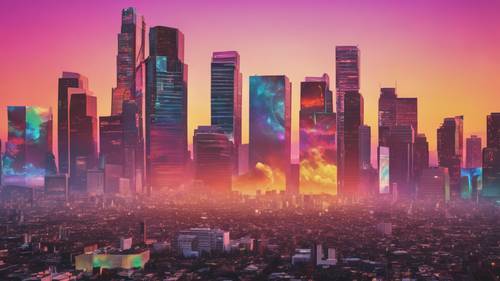 A Y2K inspired skyline filled with holographic billboards under a technicolor sunset.