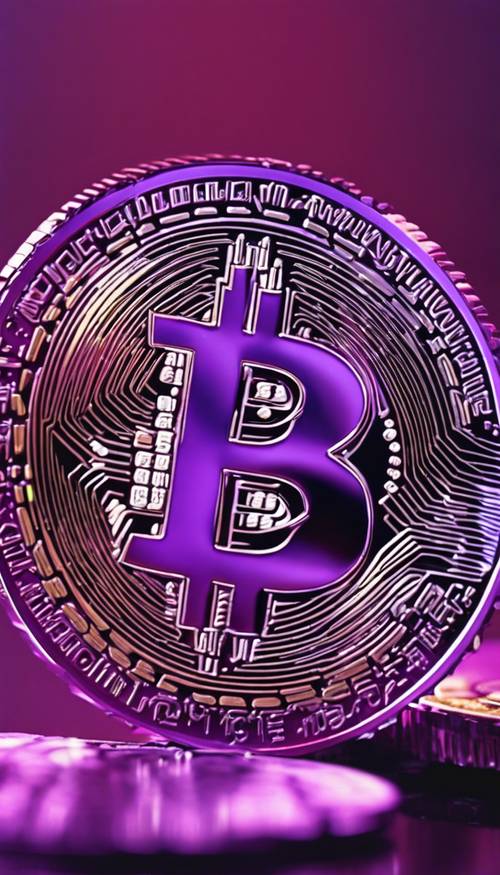 Eine Nahaufnahme eines glänzend violetten Bitcoin-Tokens vor einem leuchtend auberginefarbenen Hintergrund. Hintergrund [cb80c32046f444d8a139]