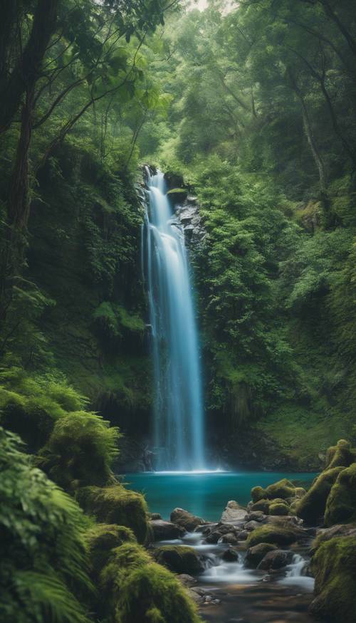 Ein ätherischer blauer Wasserfall, der inmitten eines kühlen, sattgrünen Waldes herabstürzt.