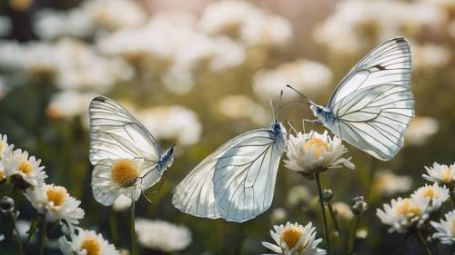 Sepasang kupu-kupu putih beterbangan di sekitar sepetak bunga krisan yang menggumpal.