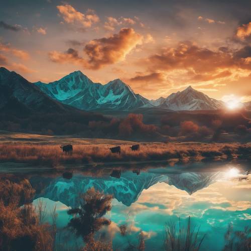 A vivid sunset over the mountains, the sky mirroring Teal Cow print.