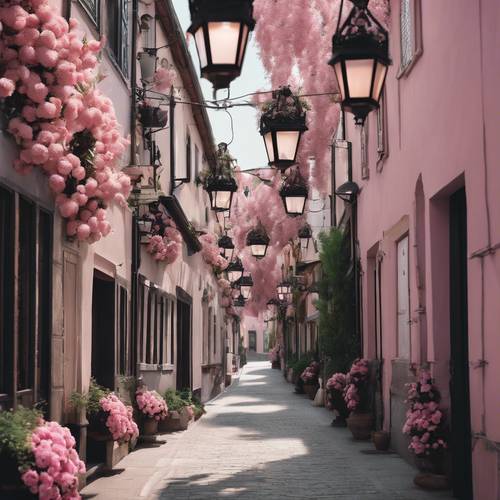 Jalan kota yang menawan, dibingkai oleh lampion hitam dengan rangkaian bunga berwarna merah muda, memberikan suasana yang mengundang dan menyenangkan.