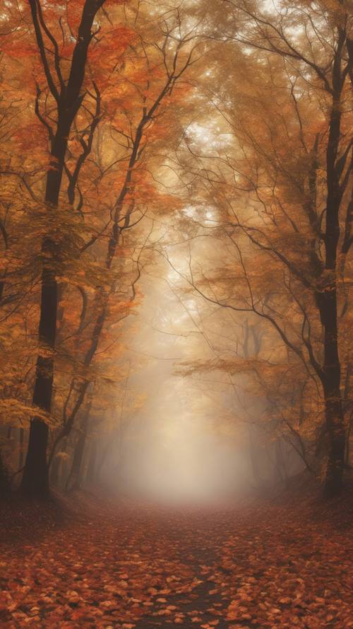 A panoramic shot of a fog-enveloped forest with a carpet of vibrant autumn leaves underfoot.