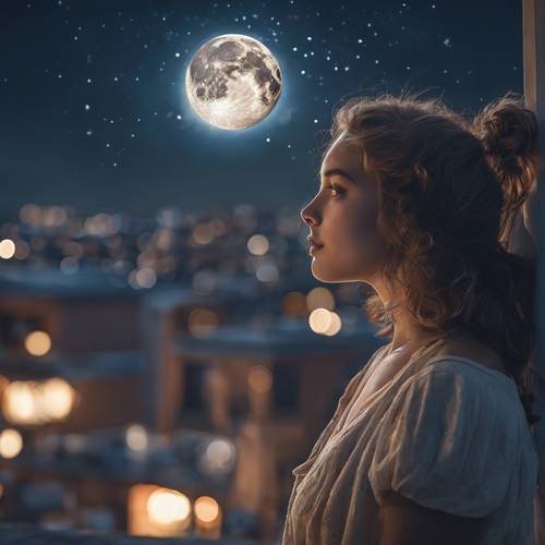 Замысловатая работа, изображающая девушку-луну, смотрящую на крышу, затерянную в красоте растущей луны.