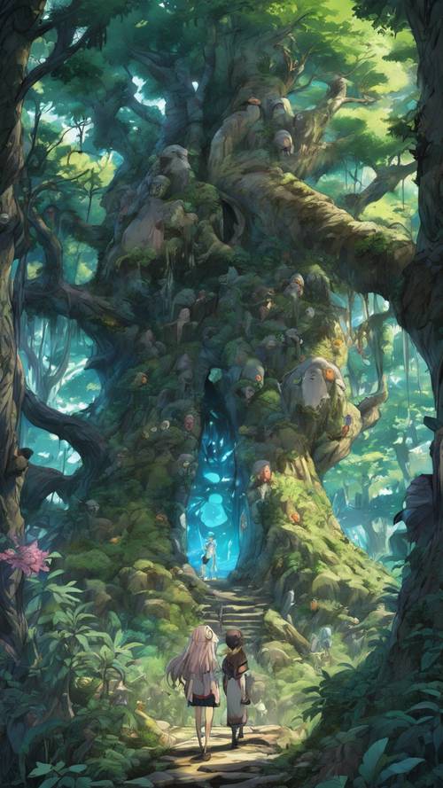 Una representación anime de un bosque místico con varias criaturas espirituales asomándose detrás de los árboles.