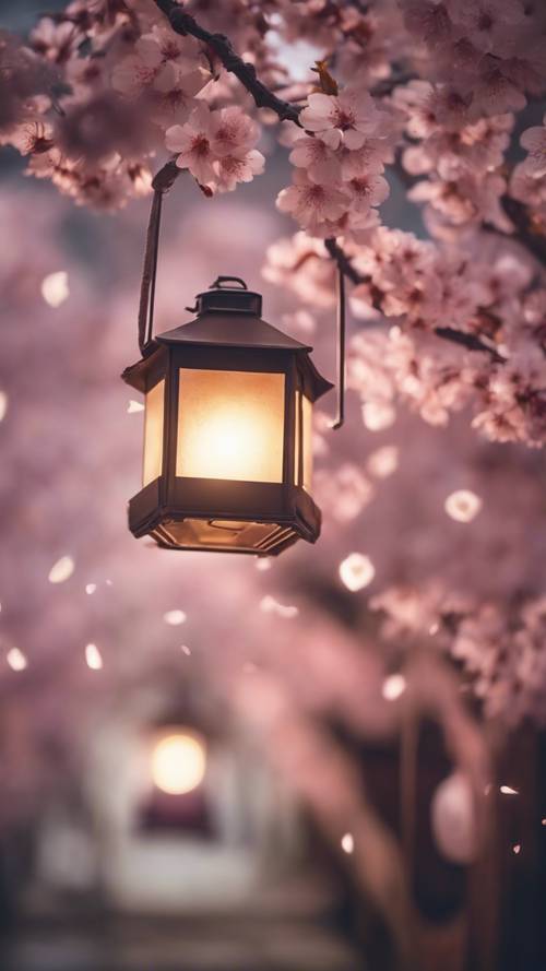 Fokus lembut pada kelopak bunga sakura, diterangi oleh cahaya lembut lentera di dekatnya.