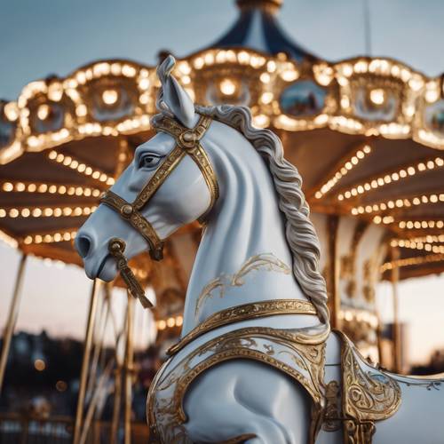 Un cheval de carrousel blanc orné de détails dorés sur un ciel crépusculaire.
