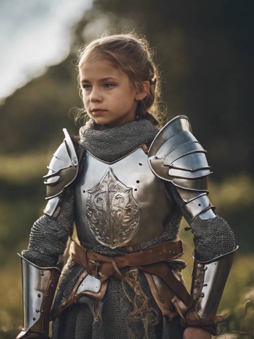 Młoda dziewczyna w rycerskiej zbroi, odważnie gotowa do udawanej bitwy.
