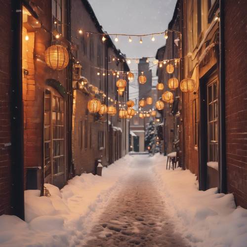 A perspective view down a snow-laden alley lit by Christmas lanterns and the warm glow of surrounding buildings.