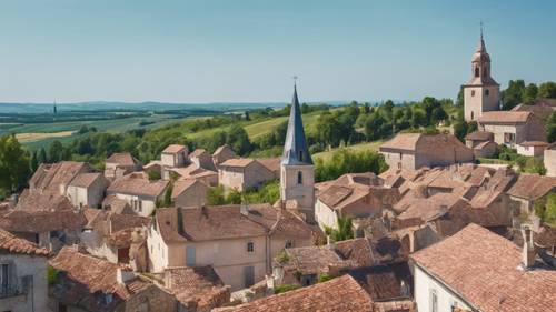 A panoramic view of a French country village with red-tiled roofs, a church spire, and surrounding vineyards under a clear blue sky.