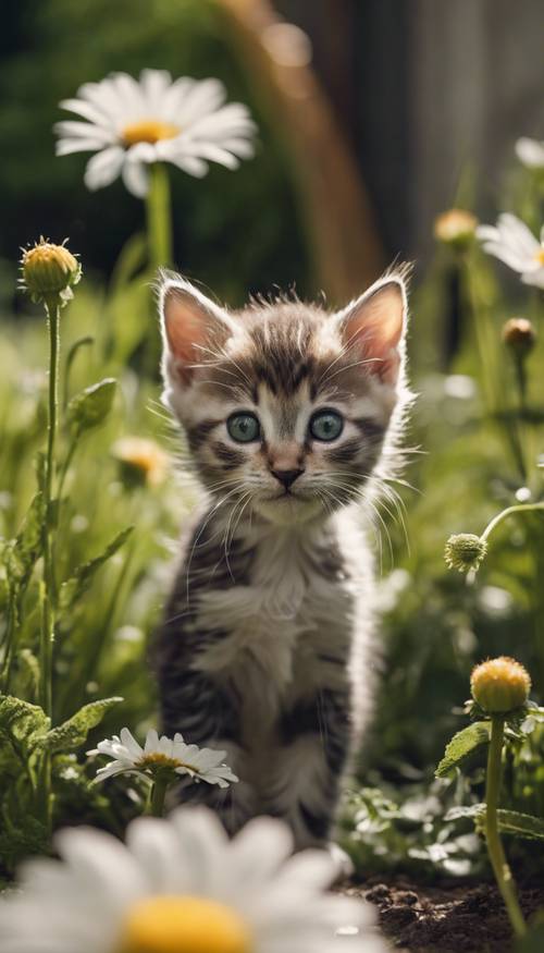 Ein süßes kleines Kätzchen spielt neugierig mit einem einzelnen, hellgrünen Gänseblümchen in einem Bauerngarten.