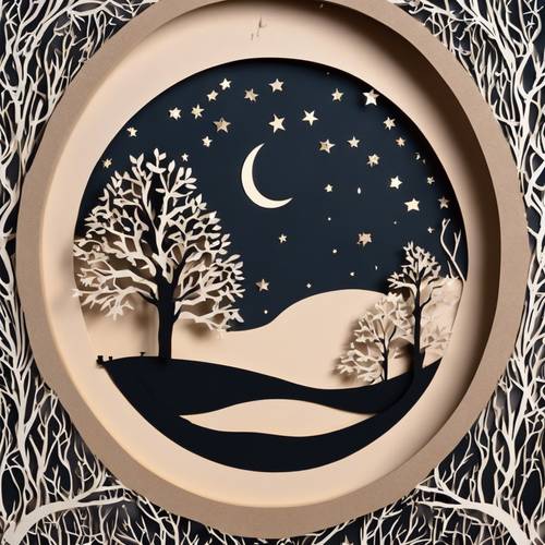 A paper-cut shadow box displaying a starry night sky scene with a crescent moon and silhouettes of trees.