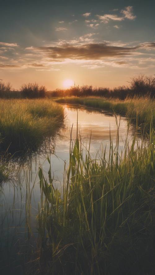 Matahari terbenam yang tenang dan halus di atas perairan tenang di lahan basah berumput.