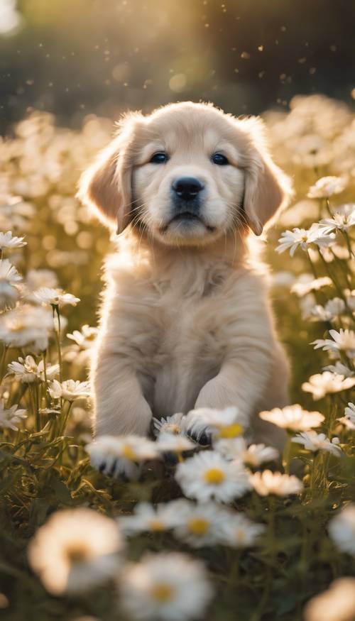 Um pequeno cachorrinho golden retriever de expressão gentil, brincando pacificamente em um campo de margaridas.