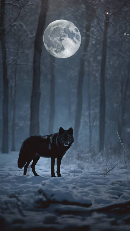 Starszy czarny wilk stojący uroczyście na polanie oświetlonej księżycem.