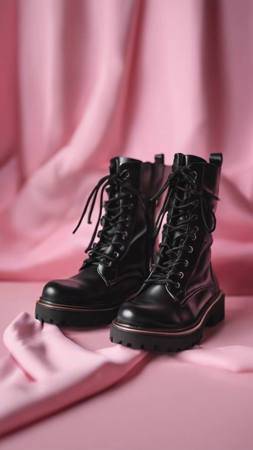 千禧粉色背景上，系带紧密的黑色 Y2K 风格战斗靴。