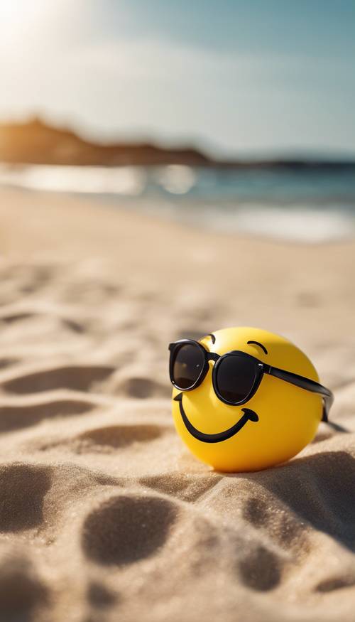 Um emoji com um rosto amarelo brilhante, usando óculos escuros, mostrado em plena luz do sol contra um fundo de praia de verão perfeito.